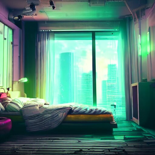 « inside a girl room, cyberpunk vibe, neon glowing lights, sharp focus, photorealistic, unreal engine 5, girl in the bed, window that shows the skyscrapers in the background » 