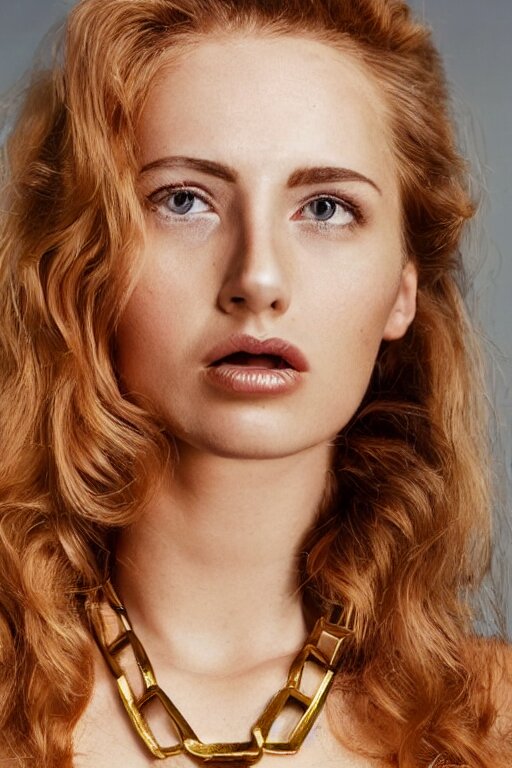 vintage photograph of an olive skinned female model with strawberry blonde hair in her twenties, her hair pinned up, wearing a designer top and one gold standard chain necklace, looking content, focused on her neck, photo realistic, extreme detail skin, natural beauty, no filter, slr, golden hour, 4 k, high definition, selfie 