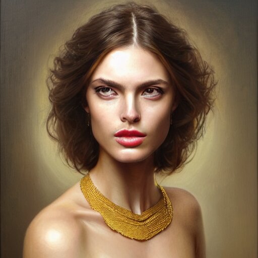 Facial portrait of a gorgeous girl, looking away from the camera, seductive smile, heavy gold jewellery, gold and diamond necklaces, elegant revealing intricate dress, sparkle in eyes, lips slightly parted, long flowing hair, no hands visible, delicate, teasing, arrogant, defiant, bored, mysterious, intricate, extremely detailed painting by Mark Brooks (and by Greg Rutkowski), visible brushstrokes, thick paint visible, no light reflecting off paint, vibrant colors, studio lighting