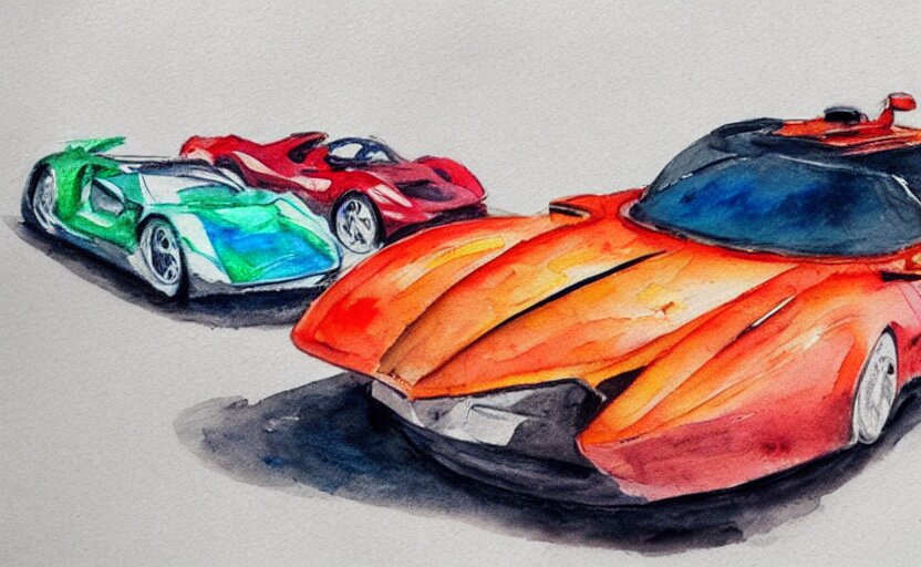 colorful watercolor sketch, sport car 