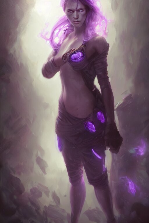 character art by bastien lecouffe - deharme, young woman, purple hair, glowing purple eyes 