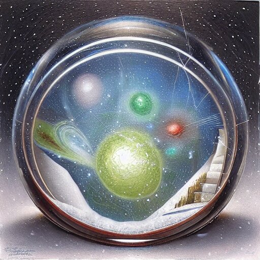 “ depiction of the beginning of the universe inside a snow globe, surreal, award winning, highly detailed, style by mark rogers, paul bonner, oil on canvas. ” 