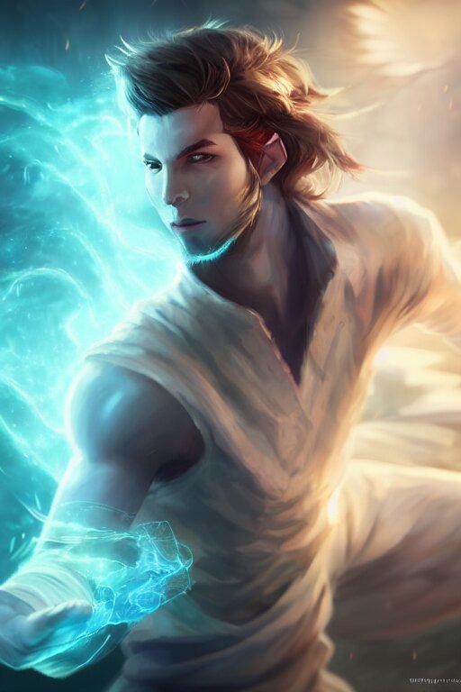 a human elemental sorcerer, blurred environment background, epic magic effects, white skin, medium portrait, male, sharp focus, digital art, concept art, post processed, dynamic lighting, by emylie boivin and rossdraws 