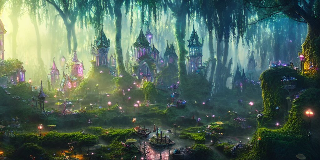 in an ethereal magical fairy city, highly detailed, 8 k, hdr, award - winning, octane render, artstation, volumetric lighting 