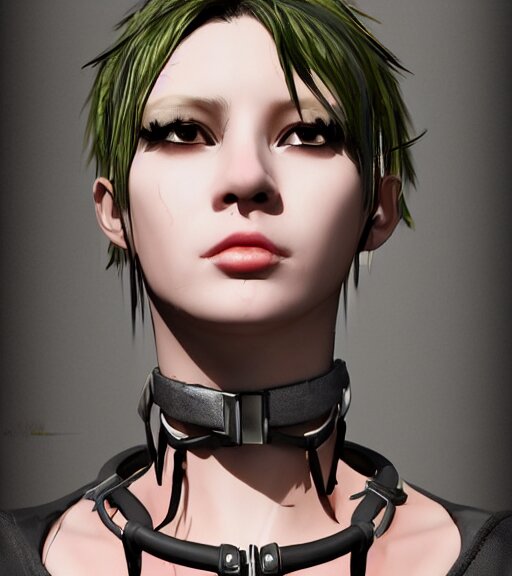 detailed realistic female character cyberpunk wearing thick collar around neck, realistic, art, beautiful, 4K, collar, choker, collar around neck, punk, artstation, detailed, female, woman, choker, cyberpunk, neon, punk, collar, choker, collar around neck, thick collar, tight around neck, punk,