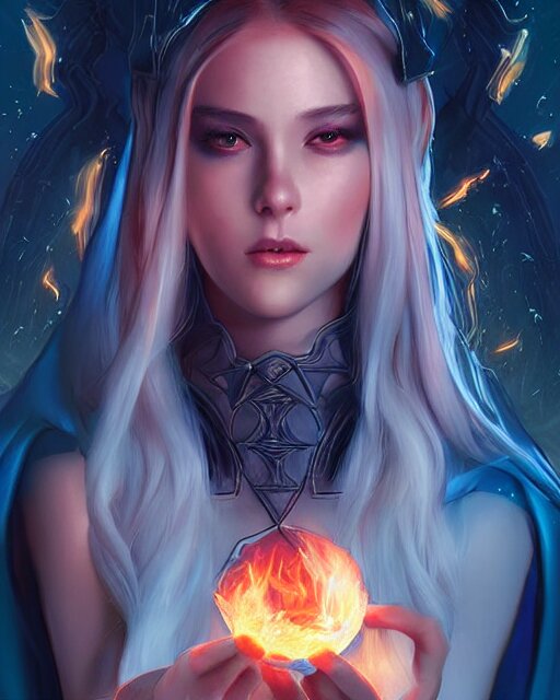 digital art by wlop and artgerm in the style of throne of glass book covers illustrations, a young adult female magician with fireballs in hand and a blue magic lighting aurea overlay 