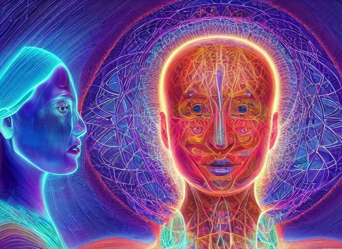 trasnformation into transcendence into collaborative intelligence, endless collaboration with ai, connectedness, body, by alex grey, album cover, award winning, beautiful, colorful, volumetric lighting, trending on artstation, cinematic 