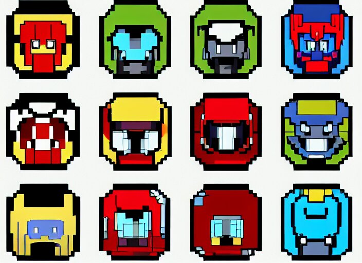 a 3 - by - 3 grid of 9 framed closeup face portraits of cute evil robots, in the style of mega man. 