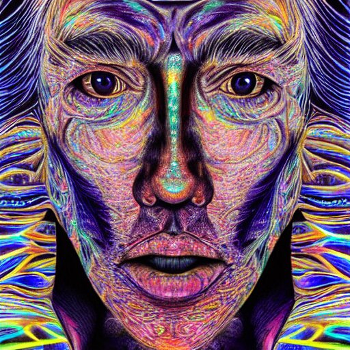 dark portrait of one Bioluminescent old shaman, with cracked reaction diffusion semi-transparent skin. multicolored fish scales, closeup. long dark hair with insects. realistic. intricate, very detailed, by alex grey and Moebius