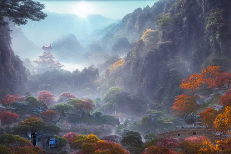 A large glowing Chinese temple, daybreak morning lighting, amazing cinematic concept painting,  by Jessica Rossier, Gleaming White, overlooking a valley, Himeji Rivendell Garden of Eden, autumn maples, wildflowers and grasses, terraced orchards and ponds, lush fertile fecund, fruit trees, by Brian Froud by Beksinski