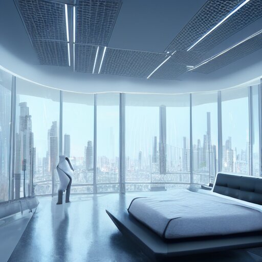 a futuristic luxury white bedroom with ceiling high windows looking out to a cyberpunk cityscape, flying cars, night time, neon lights, cinematic 3d render, unreal engine 5, cgsociety