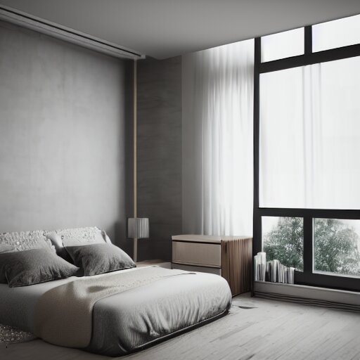 symmetry, parallax mapping of brutalist bedroom, minimalist architecture, minimalist furniture, octane render, high quality 