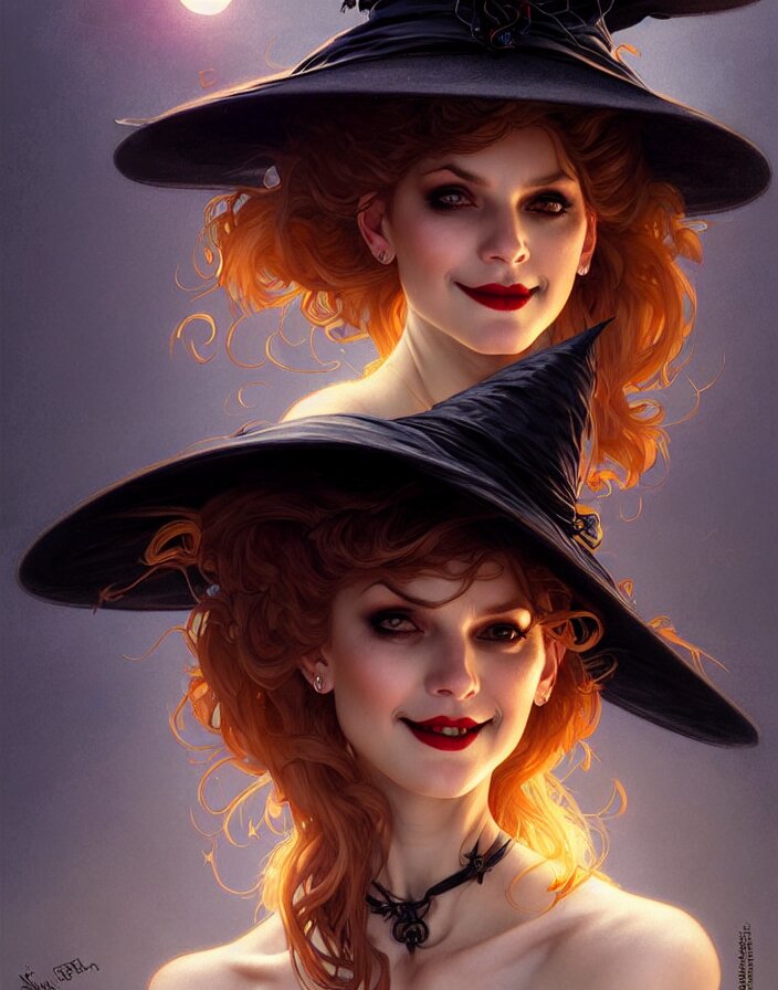 halloween witch woman in a hat smiles, fantasy magic, undercut hairstyle, dark light night, intricate, elegant, sharp focus, illustration, highly detailed, digital painting, concept art, matte, art by wlop and artgerm and greg rutkowski and alphonse mucha, masterpiece 