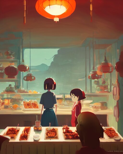 chinese buffet in a homely little restaurant, cory loftis, james gilleard, atey ghailan, makoto shinkai, goro fujita, studio ghibli, rim light, exquisite lighting, clear focus, very coherent, plain background, soft painting 