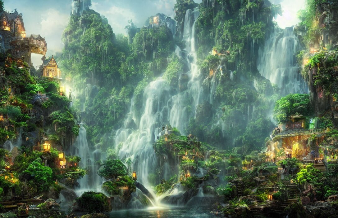 magical fantasy town, background : giant bioluminscent waterfall, quaint vibes, epic fantasy, ultra hd render + 4 k uhd + immense detail + very crisp and clear image 