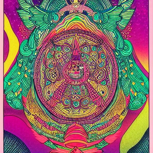 hatsune miki, intricate, amazing line work, cosmic, psychedelic, cheerful, colorful, tarot cards, the devil tarot card