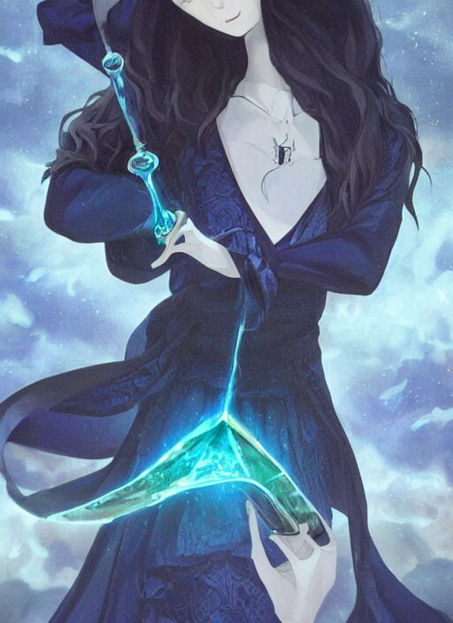 digital art, sharp focus, close - up, character portrait, a seventeen years old male!! ravenclaw wizard black, slightly wavy hair, wearing browline!! glasses!!! with a potion bottle!!!, blue shiny lighting, beautiful fantasy art, film still, masterpiece, award winning, symmetry, by artgerm and hayao miyazaki, by rutkowsky, by alphonse mucha, artstation, hq, trending on artstation 