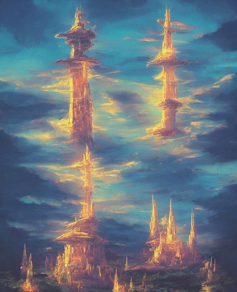 “ a landscape painting in the style of noriyoshi ohrai of a holy tower, it is a glowing fortress and has iridescent mana radiating from it into the aether. it is centered. the background is the sky at dawn. retrofuturistic fantasy ” 