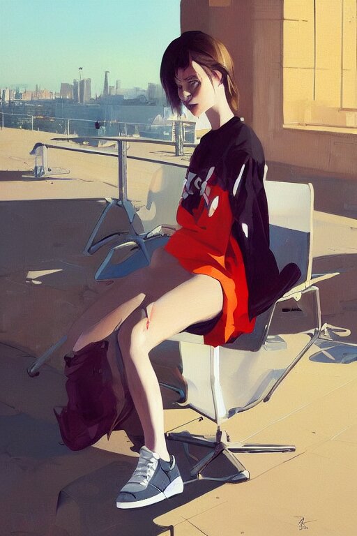 A ultradetailed beautiful panting of a stylish woman looking at the camera, she is wearing streetwear, she is sitting on a chair, bright sunny day, Oil painting, by Ilya Kuvshinov, Greg Rutkowski and Makoto Shinkai