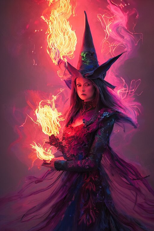 a fancy portrait of a beautiful dark magician women wearing a great witches hat covered in colourfull flames by Greg Rutkowski, Sung Choi, Mitchell Mohrhauser, Maciej Kuciara, Johnson Ting, Maxim Verehin, Peter Konig, final fantasy , mythical, 8k photorealistic, cinematic lighting, HD, high details, atmospheric,