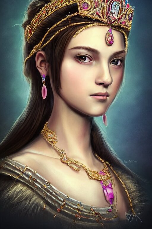 beautiful very detailed portrait of a young princess with lots of jewelry in the face, full body, in the background there is a minimalistic palace, digital art , dramatic cinematic lighting rendered by octane, 8k, detailed, intricate, clean and textures, trending on artstation, treanding on deviantart, trending on cgsociety, pinterest, by Lauren Brevner