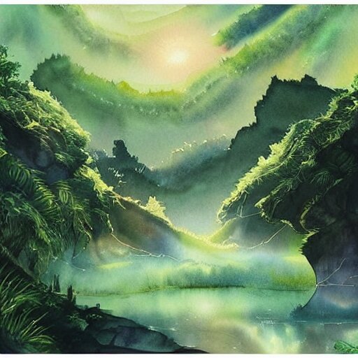 beautiful lush imposing natural scene on another planet. different than earth but beautiful. lightfall. beautiful detailed artistic watercolor. trending on artstation and deviantart. 