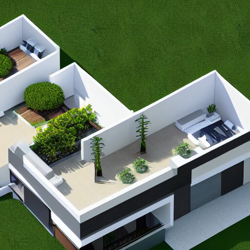 isometric view, render of a beautiful modern home designed for aesthetics, energy efficiency and maximizing plants and greenery, cg render, high resolution, professional 