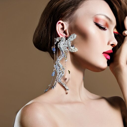 fashion photo, haute couture female model wearing bejeweled scissor earrings:5, bejeweled scissor chest plate:5, bejeweled scissor bracelets:5, hyper realistic, detailed, dramaticly beautiful, 8k, Octane