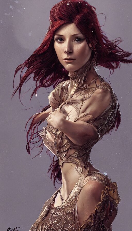 cheaky ginger, confident, bold, passionate , seductive, expressive, charismatic, very sweaty, intricate fashion clothing, insane, intricate, highly detailed, digital painting, artstation, concept art, smooth, sharp focus, illustration, Unreal Engine 5, 8K, art by artgerm and greg rutkowski and alphonse mucha