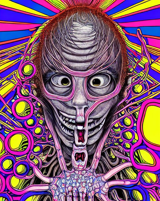 Human Body breaking away, Conjuring Psychedelic Illustration, part by Shintaro Kago, part by Alex Gray, ultra realistic, highly detailed, 8k, symmetry, grotesque, vibrant,