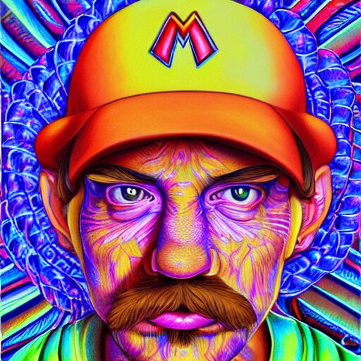 painting of mario relaxing by alex grey, psychedelic, vibrant, digital art, acrylic, 