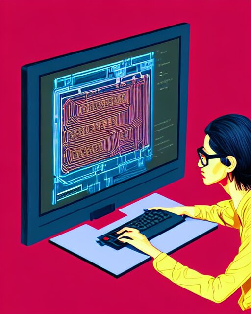 richly detailed color illustration of a nerd-using-a-computer-to-crack-the-code surrounded by technology illustrated by Artgerm and Mina Petrovic and Timothy Kong and Marina Federovna. 3D shadowing