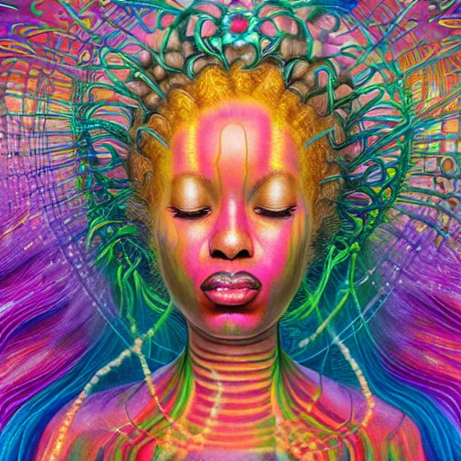 an extremely regal african queen with colorful dreadlocks and a glowing opal!!! in the center of her forehead, meditating in a magic mushroom zen garden, rainbow nebula clouds, by alex grey and afarin sajedi and amanda sage and android jones and agostino arrivabene and wayne barlowe in a psychedelic portrait style, surreal, afofuturism, afropunk, black art, ultrarealistic, rendered in cinema 4 d, volumetric lighting lighting, digital illustration, chakra, highly detailed, elegant, extremely ornate, fractal!, extremely symmetrical!!, highly detailed face, wide angle dynamic portrait, 8 k, hd. 