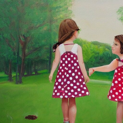 two little girls wearing polka dot dresses are smoking a big joint together behind the school building, realistic painting 