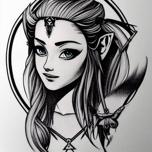 tattoo design, stencil, portrait of princess zelda in a bikini by artgerm, symmetrical face, beautiful, triforce 