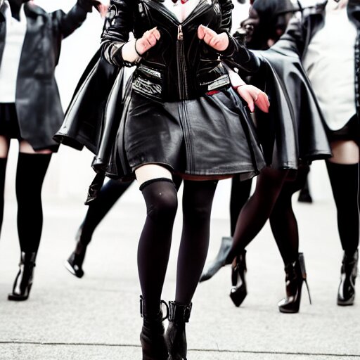 a dynamic, epic cinematic 8K HD movie shot of a japanese beautiful cute young J-Pop idol actress yakuza rock star girl wearing leather jacket, miniskirt, nylon tights, high heels boots, gloves and jewelry. Motion, VFX, Inspirational arthouse