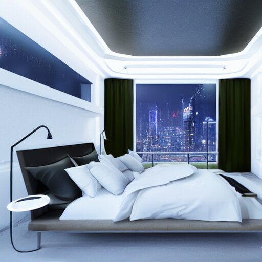 a futuristic luxury white bedroom with ceiling high windows looking out to a cyberpunk cityscape with flying cars, night time, neon lights, cinematic 3d render