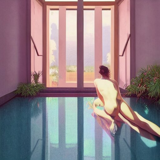 indoor liminal space, golden light, greg rutkowski, palm trees, pink door, minimalistic, hyperrealistic surrealism, award winning masterpiece with incredible details, epic stunning, infinity pool mirrors, a surreal vaporwave liminal space with mirrors, highly detailed, trending on artstation, artgerm and greg rutkowski and alphonse mucha, daily deviation 