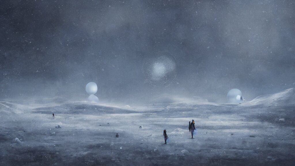 a surreal dreamlike scene of transparent spheres containing miniature cities floating over a barren snowy landscape, somber melancholic matte painting, highly detailed oil painting, liminal space, 8k, stillness, solitude, icy cold pale silent atmosphere, masterpiece