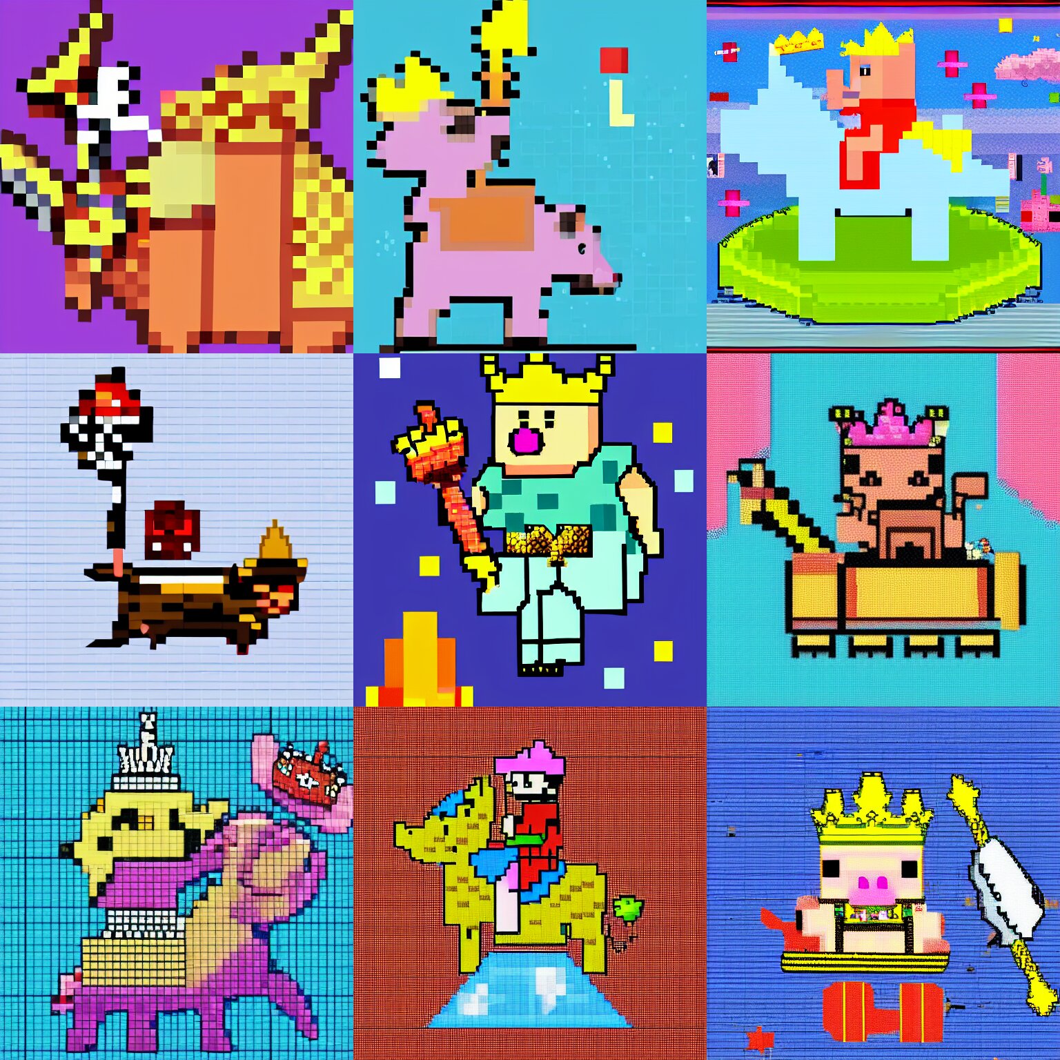 a pig wearing a crown riding a horse in space and holding a large sword, pixel art 