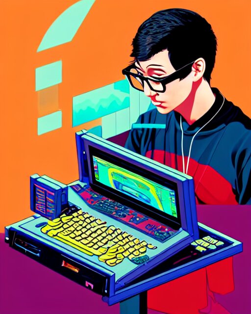 richly detailed color illustration of a nerd-using-a-computer-to-crack-the-code surrounded by technology illustrated by Artgerm and Mina Petrovic and Timothy Kong and Marina Federovna. 3D shadowing