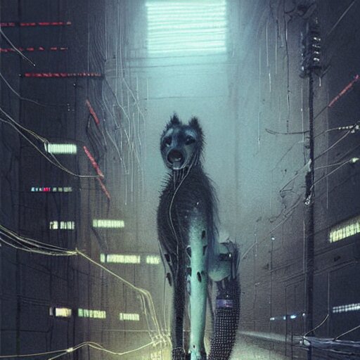 cyberpunk dystopian cyborg hyena, wires and glowing lights, beksinski style, realism 