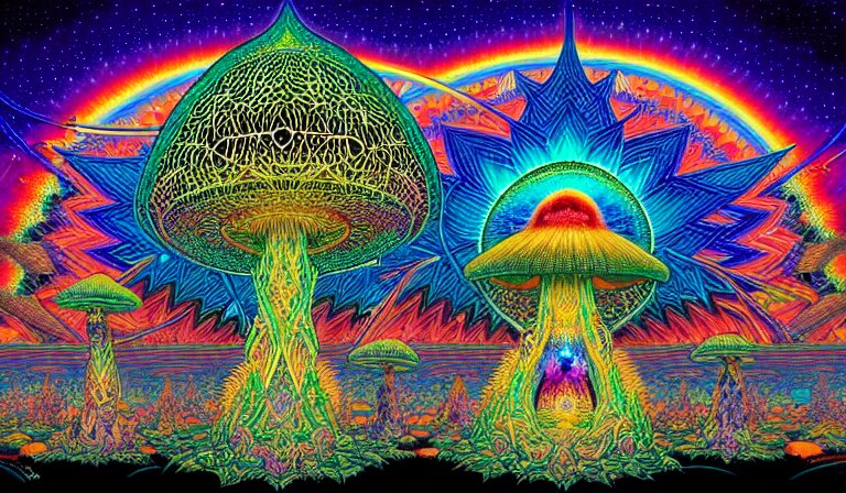 an expansive rendering of beautiful and complex interwoven spiritual connection between all beings by dan mumford, by jim fitzpatrick, by joe wilson, by jim burns, by victo ngai, by jacek yerka, surrounded with colorful magic mushrooms and rainbowcolored marihuana leaves, insanely integrate, featured on deviant art, trending on artstation 