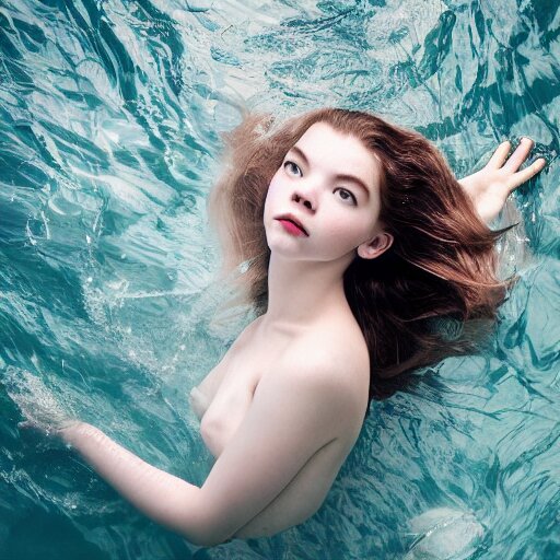 a beautiful girl like anya taylor - joy floating under the deep water, white petal, by personal photography, art by brookskim, closeup, 4 k, highly detailed, instagram, 