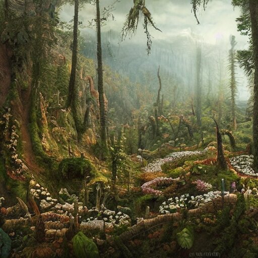 a beautiful and highly detailed matte painting of a dead fantasy floral garden in a empty forest in the dry valley high in the most epic mountains ever, intricate details, epic scale, insanely complex, 8 k, sharp focus, hyperrealism, very realistic, by caspar friedrich, greg rutowski, james gurney 