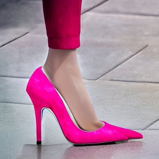 pink suede pumps shoes with slim heels and pointed toes with a happy mickey mouse depicted on it, photorealistic, transluscent, glass, beautiful, architecture, product design, clean, highly detailed, 8 k, ornate detail 