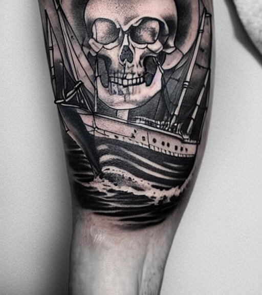 A realism tattoo design of a pirate ship, white background, black and white, highly detailed tattoo, realistic tattoo, realism tattoo, beautiful shades