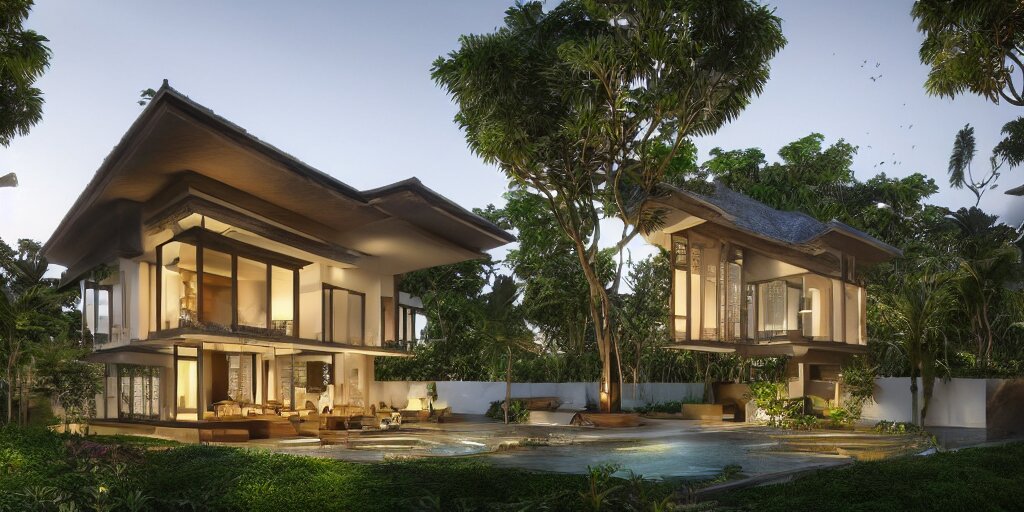 3d rendering  of beautiful nature meets architecture concept of a residential house. balinese architecture, volumetric lighting, luxury, high detail, 14mm, cinematic photography, cg architects,  high resolution