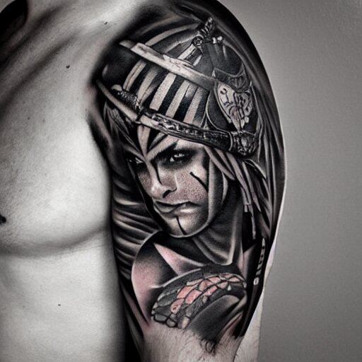 medium shot of a gladiator wearing a galea, tattoo, tattoo art, Black and grey tattoo style