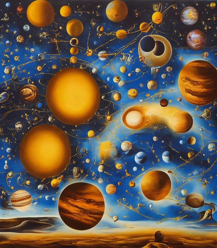 a beautiful surrealistic painting of planets and stars in the universe by salvador dali, trending on artstation., oil painting 